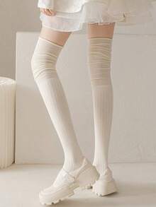 6/4/2件装女士保暖过膝长袜，适合搭配靴子，及膝袜（1/2/3双装），秋冬季 - 白色 - 查看 2