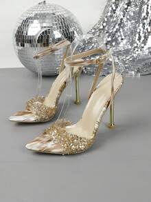 High Heel Fashionable Pointed Toe Metal Sandals, Casual For Daily Wear In Summer - Apricot - View 8