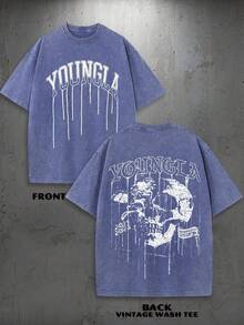 1PC Y2K Vintage Washed T-Shirt | Men's Graphic Tee | YLA Dripping Skull Design Pattern | Gifts For Men Or Boyfriend | 100% Cotton | 230Gsm Thickened Fabric | Unisex - 藍色 - 查看 10