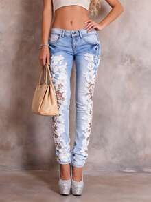 Women's Sexy Lace Hollow Out Trim Skinny Stretch Denim Pants Casual Trousers For Daily Wear - 白色 - 查看 1