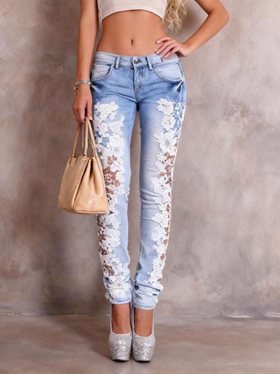 Women's Sexy Lace Hollow Out Trim Skinny Stretch Denim Pants Casual Trousers For Daily Wear - 白色 - 查看 1
