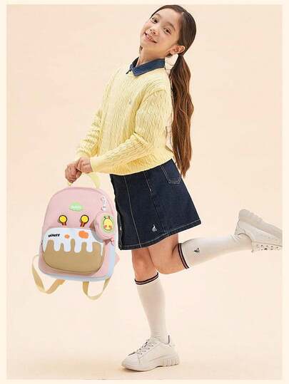 Cute Cake Pattern Backpack, Lightweight Casual Backpack With Cartoon Pendant, Portable Travel Bag For Daily Use & Outdoor Activities