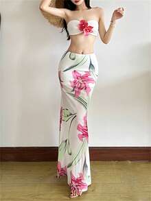 Kliou Women's Floral Print Maxi Mermaid Skirt, Elegant Fitted Summer Beach Vacation High Stretch Club Basic Wild Bottom - White - View 7