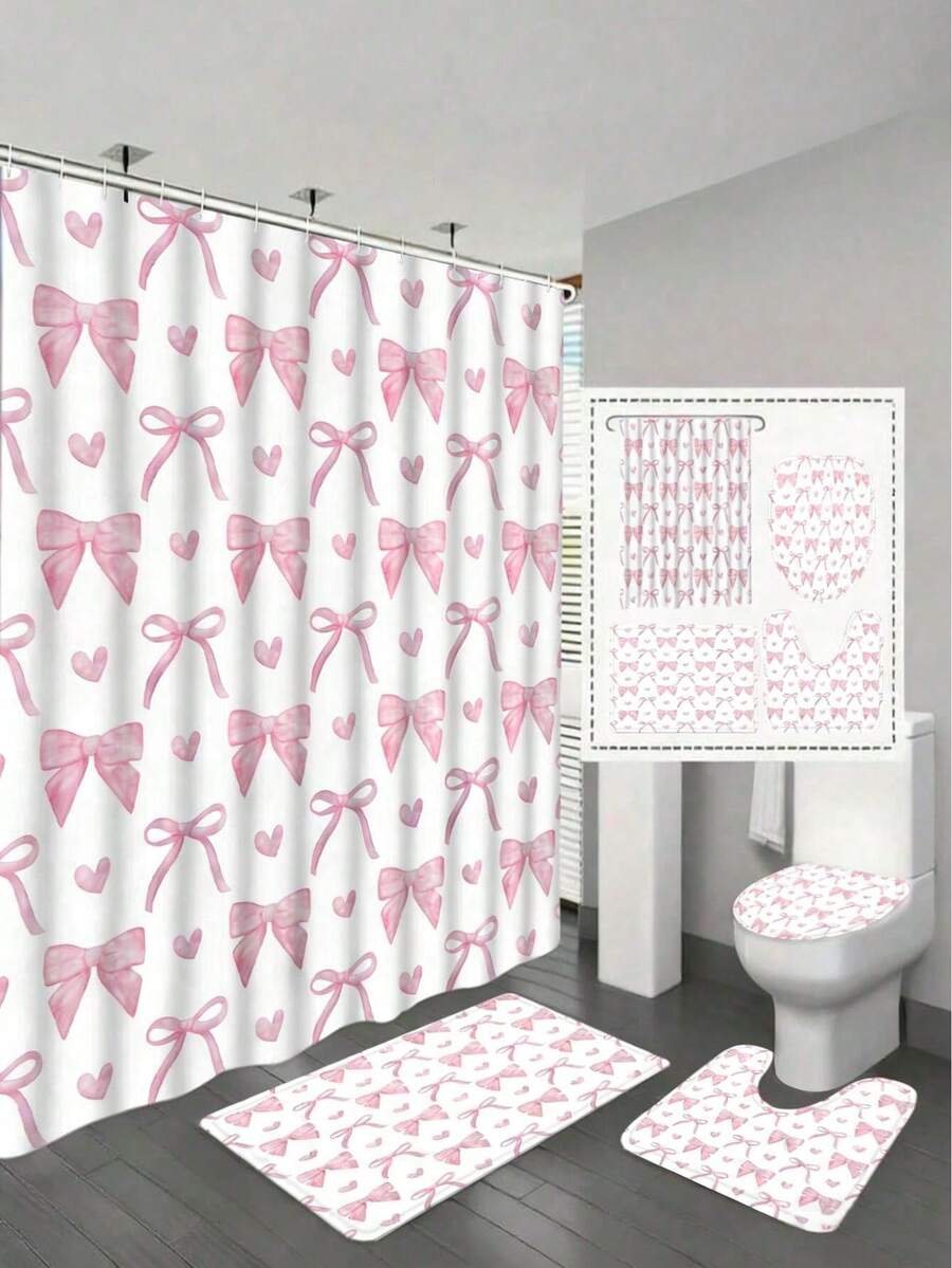 1/4 Piece Cute Pink Bow Shower Curtain Set, Modern Stylish Bathroom Curtain Set, Includes Waterproof Shower Curtain, Non-Slip Rug, Toilet Lid Cover, Bath Mat And 12 Plastic Hooks, Machine Washable, Jacquard Woven Waterproof Polyester Fabric