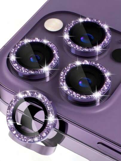 XINHONGYU 3 paquetes de protector de lente de cámara de cristal templado de aleación compatible con iPhone 14 Pro/14 Pro Max/17/16 Pro Max/16 Pro/15 Pro Max/15 Pro/13 Pro Max/13 Pro/12 Pro Max/13 Pro/12 Pro/11, incluye película protectora de pantalla de cristal templado para cámara con anillo individual de metal y accesorios decorativos, diseño de brillo morado como regalo de cumpleaños