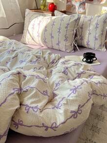 4件套紫色蝴蝶结图案床上用品（1个被套、2个枕套、1个床单），可爱优雅风格，柔软亲肤，适合单人/双人床，四季皆宜。 - 淡紫色 - 查看 8