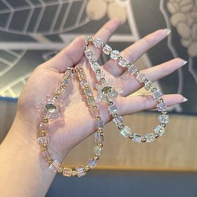 1pc Crystal Cube Devil Phone Lanyard Charm, Luxury Rhinestone Phone Case Chain, Key Chain + Transparent Pad Included