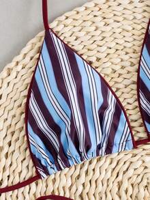 Summer Leopard Print Tie-Front Sexy Bikini Set, Suitable For Beach Vacation - Blue Stripes - View 5