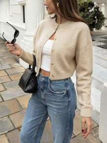 BEAUTY Women's Round Neck Long Sleeve Short Cardigan, Solid Color Minimalist Fitted Top, Casual Versatile Knit Sweater, New Year - 杏色 - 查看 3