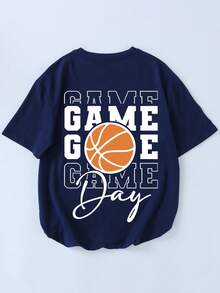 青少年/男童休闲篮球图案字母印花圆领短袖T恤，时尚夏季新款童装T恤 - 藏蓝色 - 查看 2