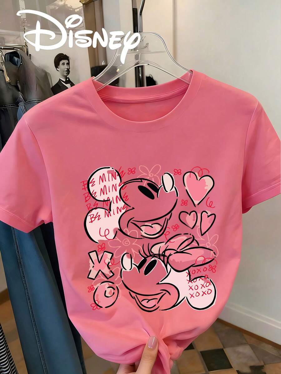 Disney Sweet And Cool Graffiti Style Cartoon Print Pattern, Women's Short Sleeved T-Shirt Casual Round Neck Top - Hồng - Xem 1