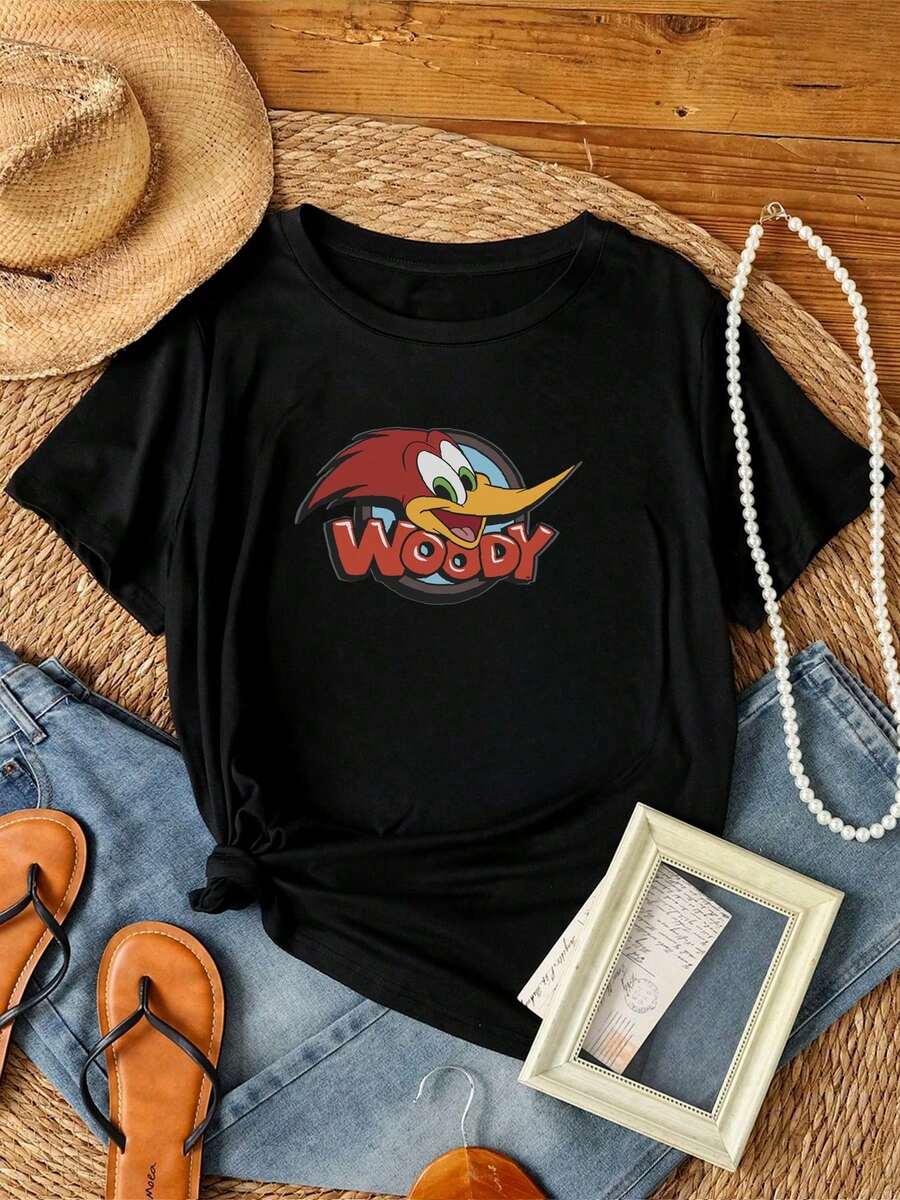 Women T-Shirt Print Rare VTG Woody The Woodpecker Graphic T Shirt 90s Animated Cartoon Promo Brown - 黑色 - 查看 1