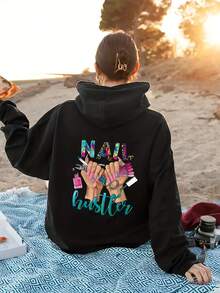 Women's Hooded Sweatshirt With Nail Art-Themed Print, Personalized,, Loose And Comfortable - Black - View 1
