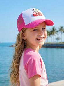 1顶女童刺绣红色樱桃网眼棒球帽，季节性透气遮阳帽，夏季卡车帽 - 1PC - 查看 11