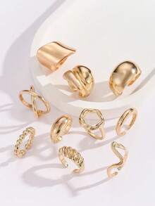 10pcs Gold Asymmetrical Geometric Textured Rings, Suitable For Women's Daily And Party Wear - Yellow Gold - View 4