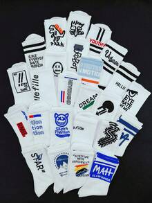 5 双/套 男士随机白色字母条纹恐龙与机器人印花滑板运动中筒袜，秋季 - 白色 - 查看 2