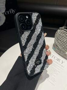 1 pieza Funda de teléfono a prueba de golpes 2 en 1 con textura de cebra negra y cristales de rinoceronte, adecuada para iPhone 15 Pro Max/17 Pro Max/17 Ari/S25 Ultra - Negro - Ver 2
