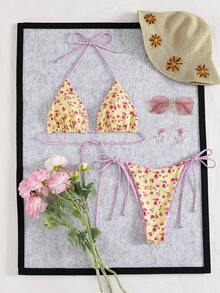 2023 Summer Leopard Print Tie-Front Sexy Bikini Set, Suitable For Beach Vacation - Yellow Background With Small Flowers - View 2