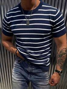 GRDR 男士撞色针织短袖毛衣，条纹时尚短袖，适合夏季休闲聚会，必备时尚单品 - 藏蓝色 - 查看 1