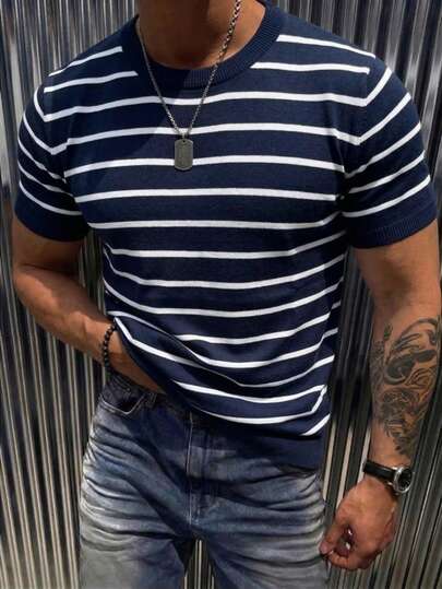  GRDR Men's Colorblock Knit Short Sleeve Sweater, Striped Fashion Short Sleeve, Suitable For Summer Casual Gatherings, Essential Fashionable Item