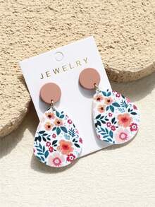 1 Pair Women's Spring/Summer Small Red Flower Blooming Floral Print Ceramic Texture Elegant Cute Stylish Acrylic Water Drop Earrings - Multicolor - View 2