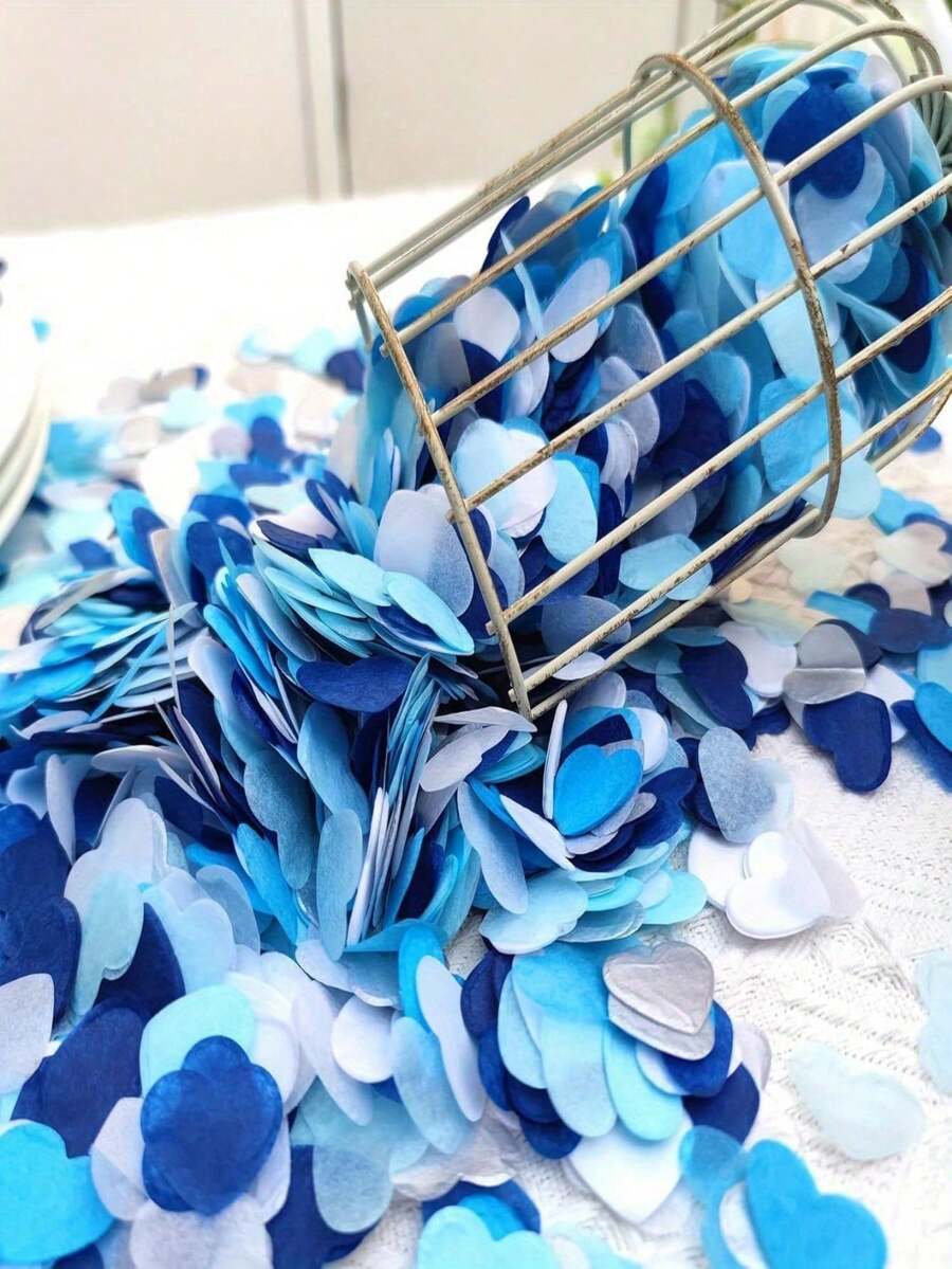 1000pcs Ocean-Themed Heart-Shaped Confetti - Premium Ombre Blue Color Paper Shreds Set, Navy/Sky Blue/Powder Blue, Suitable For Bridal Shower, Christmas Table Decor, Valentine's Day Proposal Decor, Luxury Balloon Arch Filler, Anniversary Party Decor (Beach Theme Celebration Confetti) - A - View 1