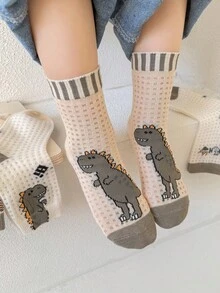 5 Pairs Kids' Spring/Summer Cartoon Dinosaur Breathable Mesh Mid-Calf Socks, Versatile Boys' Socks - Multicolor - View 7