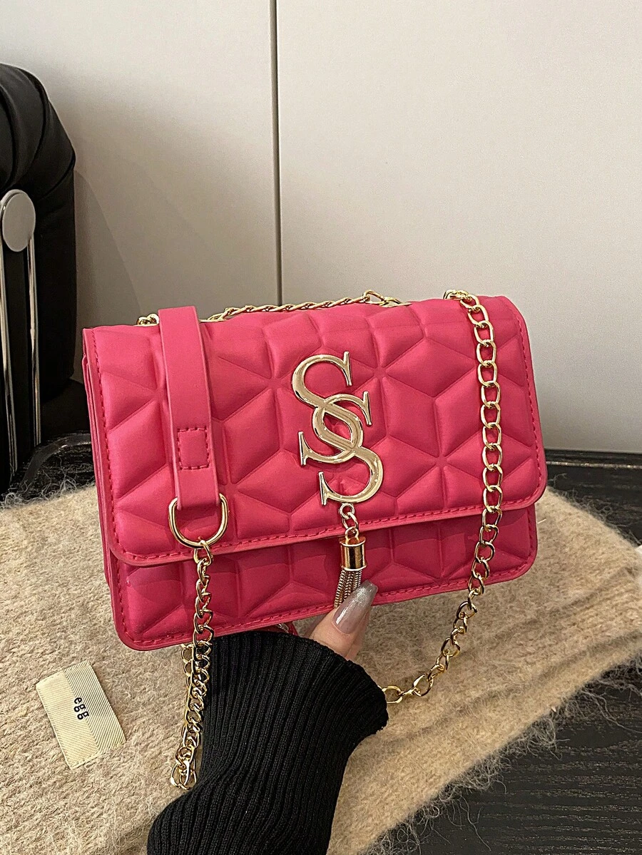 Fashionable Versatile Textured Chain Strap Crossbody Bag - Hot Pink - View 1
