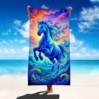 1件装梦幻骏马与新月海景沙滩巾，超柔软超细纤维特大号沙滩毯，高吸水性浴巾，适合旅行、游泳池、潜水、冲浪、瑜伽、露营，多种尺寸可选，沙滩配件