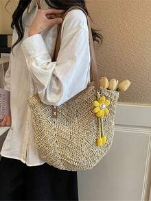 Túi đan mùa hè dành cho nữ, túi đi biển đan bằng rơm thủ công dung tích lớn, trang trí hoa hướng dương và có khóa kéo, thích hợp sử dụng hàng ngày, đi mua sắm hoặc đi nghỉ mát. - Màu be - Xem 5