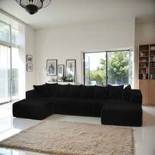 Boneless Couch,Modular U-Shaped Sectional Sofa,130-Inch 4-Seater Chaise Lounge With Reversible Design, Striped Corduroy Fabric In BLACK – Sectional Living Room Or Bedroom Couch, Freely Configurable Layout. - 黑色 + 聚酯纖維 + 聚酯纖維 + 4 座 - 查看 3