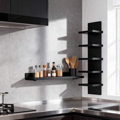 1-Piece 5-Tier Wall-Mounted Shelving Unit, Tiered Bookshelf, Hanging Floating Vertical Decorative Rack, Black White Multi-Level Storage Rack, Smonate Surface, Suitable For Bedroom, Living Room, Office, Bathroom, Vanity Rack With LED Remote Control Light