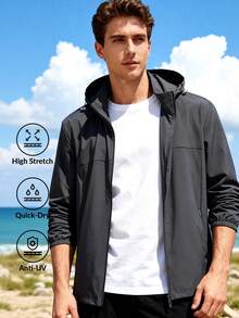 Men's Lightweight Breathable UV Protection Jacket, Casual Hooded Summer Outerwear - Dark Grey - View 1
