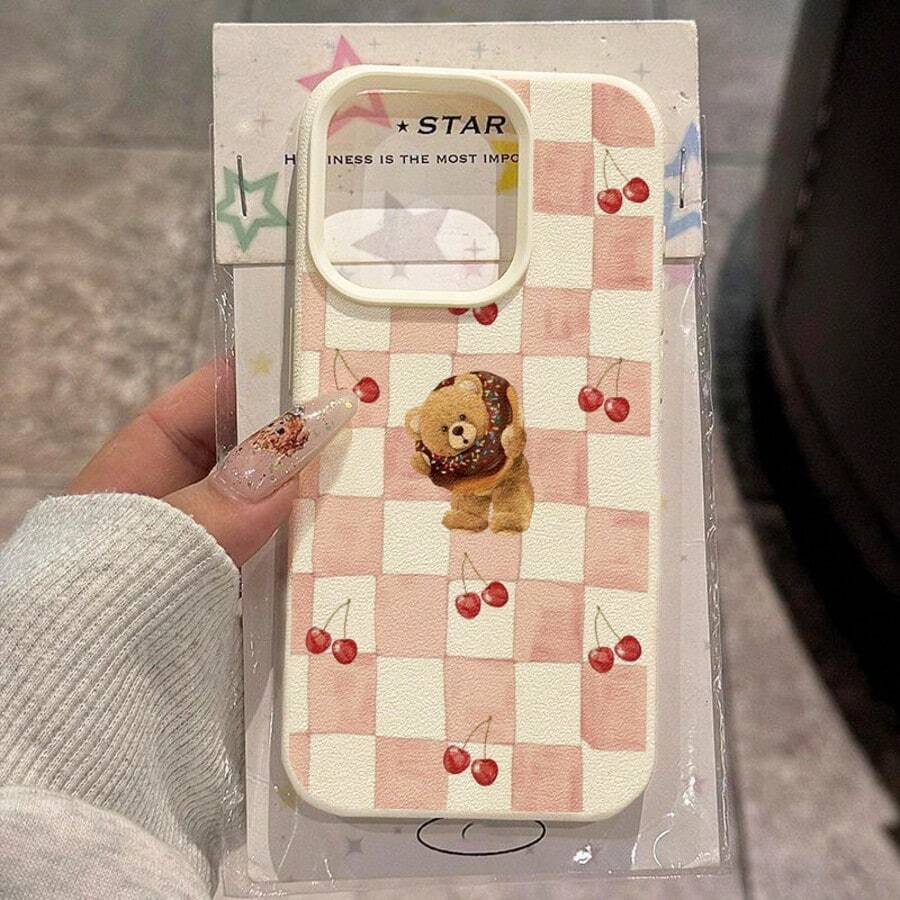 1个TPU材质粉色格子樱桃甜甜圈泰迪熊图案手机壳，兼容苹果17 Pro Max/17/16 Pro Max/15/13/12/11、S20 FE/A15/S24/A55、Note 11/Note 12/Note 13 Pro，全包防摔软壳保护套 - 白色 - 查看 1