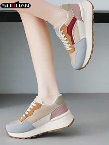 2026 New Colorblock Platform Chunky Sneakers For Women, Increased Height, Soft Bottom, Breathable Casual Shoes, Versatile, Comfortable, Retro Style, Lightweight Non-Slip, Student, Korean Fashion, Spring/Autumn - Baby Blue - View 11