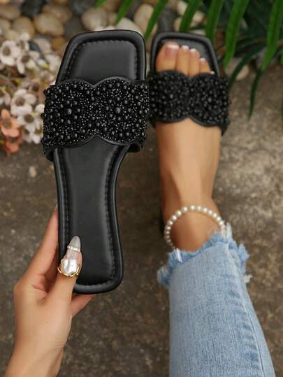1 Pair Plus Size Black Rhinestone & Pearl Decor Elegant Slippers, Fashionable Comfortable Slip-On Flat Mules For Outdoor, Beach, Party, Daily Wear