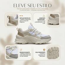 Women's Modern Platform Sneakers, Comfortable For Everyday Casual Wear, Stylish, Vacation, Lace-Up, Party, Office, Outdoor - 米白色/金色 - 查看 10