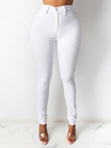 Women's High-Waisted Slim Fit Denim Pencil Pants Casual Long Trousers 2025 - 白色 - 查看 3