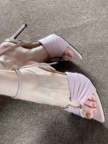 Pointed Toe Ruffle Metal Buckle Stiletto Heel Sandals, Sexy Thin Heel Women Shoes, Summer New Arrival - Pink - View 8