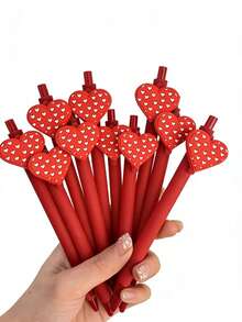 3支心形按压式圆珠笔，卡通设计，爱心文具笔，适合学生使用 - 3件紅色愛心筆 - 查看 5