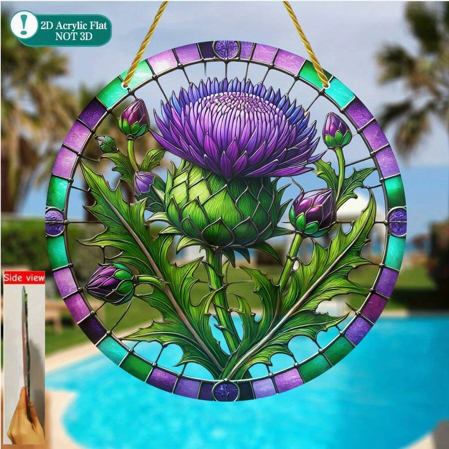 2D Flat, 1pc Acrylic Thistle Sunlight Catcher, Round Scottish Floral Wreath Wall Decor, Garden Gate Decoration, Farmhouse Thistle Sign, Floral Sunlight Catcher - C - View 1