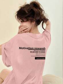 日系女式宽松休闲百搭字母印花短袖T恤，春夏粉色 - 粉色 - 查看 1