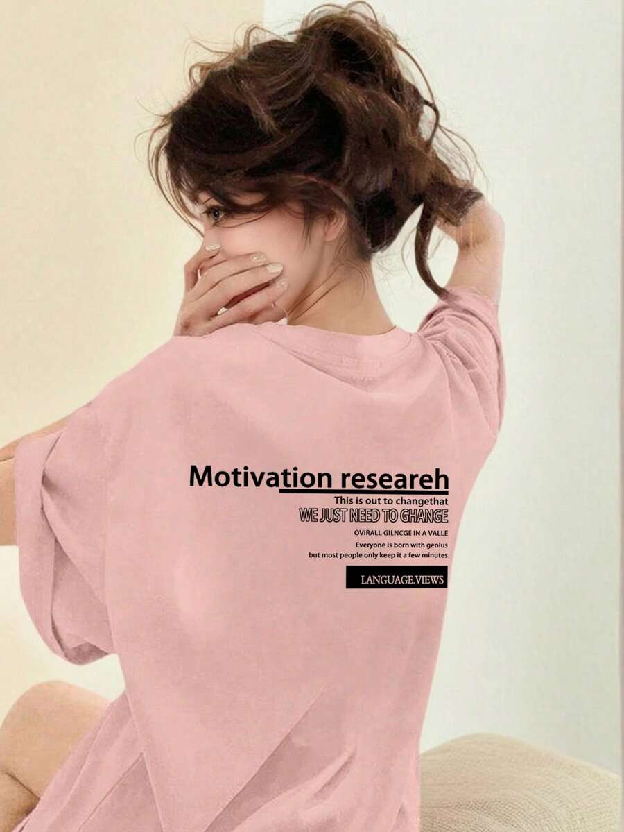 日系女式宽松休闲百搭字母印花短袖T恤，春夏粉色 - 粉色 - 查看 1