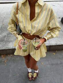 Women's New Yellow Striped Contrast Color Loose Waist Long Sleeve Slimming Shirt, Pleated Wide Leg Shorts, 2 Pieces Set, Back To School, College Style, Casual & Young, Ins Shirt Suit Spring - 黃色 - 查看 1