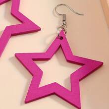 Wooden Minimalist Geometric Rose Pink Exaggerated Easy Punk Rock Y2K Star-Shaped Long Hollow Pendant Earrings Additions - 粉色 - 查看 5