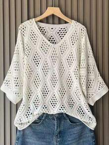 Women's Minimalist Hollow-Out Loose Knit Sweater, Suitable For Spring And Summer - White - View 1