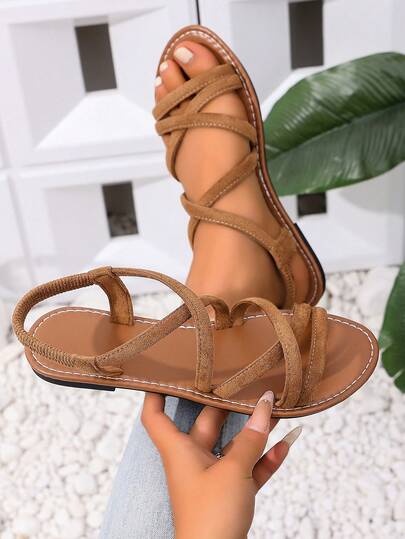 2026 New Fashion Roman Sandals With Lace-Up, Women's Rainbow Stripe Flat Casual Sandals, Simple Comfortable Daily Wear Slip-On Flat Beach Sandals