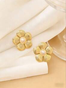 Pendientes de botón elegantes para mujer con rayas, flores, perlas y acero inoxidable dorado - Perfectos para vacaciones, viajes y fiestas, también un regalo ideal para ocasiones especiales o cumpleaños - Dorado - Ver 8