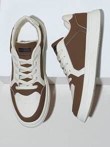 Men's Fashion Sneakers, Brown White Chunky Platform Lace-Up Shoes, Skate Style Casual Shoes - Cool Gift For Him, Skateboarding Inspired Design - 米色 - 查看 1