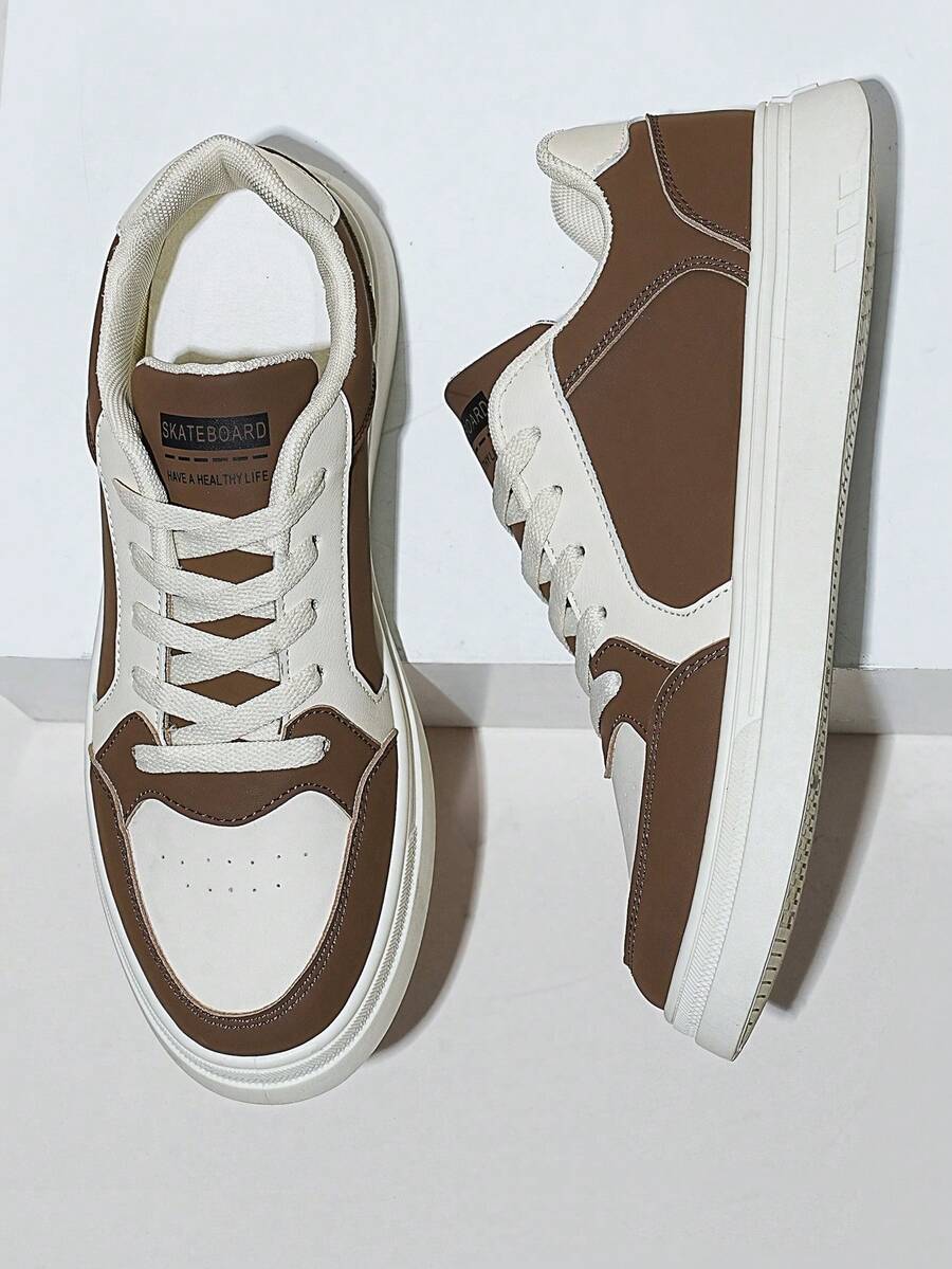 Men's Fashion Sneakers, Brown White Chunky Platform Lace-Up Shoes, Skate Style Casual Shoes - Cool Gift For Him, Skateboarding Inspired Design - 米色 - 查看 1